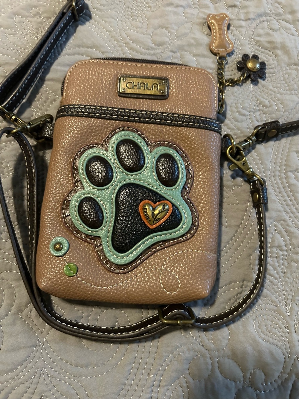 Chala Taupe Crossbody Bag with Mint Paw and Black Details